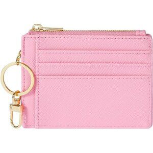 Slim leather card holder wallet for women with zipper pocket ID window keychain